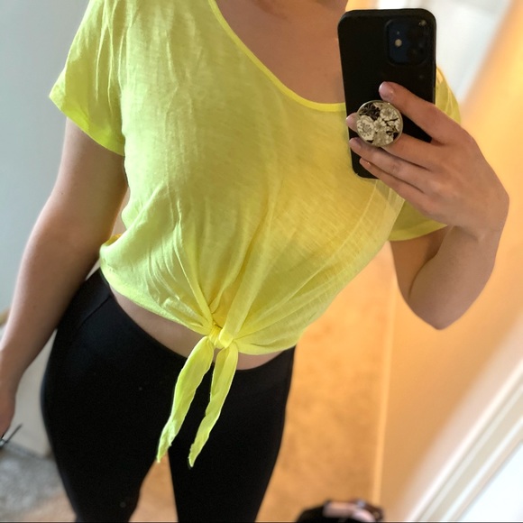 PINK // neon yellow lace-back crop top 💛 - Picture 2 of 5